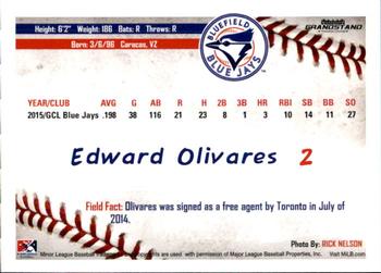 2016 Grandstand Bluefield Blue Jays #23 Edward Olivares Back