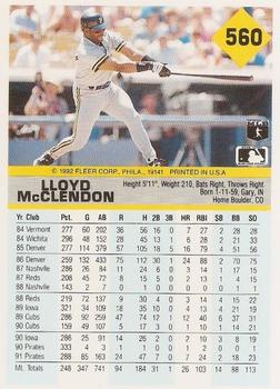 1992 Fleer #560 Lloyd McClendon Back