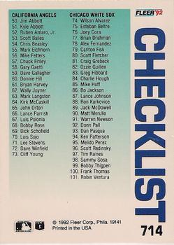 1992 Fleer #714 Checklist: Orioles / Red Sox / Angels / White Sox Back
