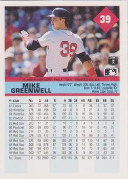 1992 Fleer #39 Mike Greenwell Back