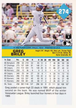 1992 Fleer #274 Greg Briley Back