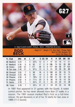 1992 Fleer #627 Rod Beck Back