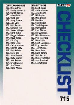 1992 Fleer #715 Checklist: Indians / Tigers / Royals / Brewers Front