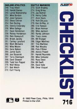 1992 Fleer #716 Checklist: Twins / Yankees / Athletics / Mariners Back