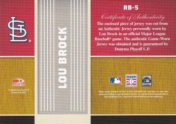 2005 Donruss Greats - Redbirds Material #RB-5 Lou Brock Back