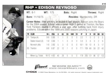 2004 Choice Newark Bears #19 Edison Reynoso Back