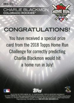 2018 Topps - Home Run Challenge Winners July (Red) #HRC-CL Charlie Blackmon Back