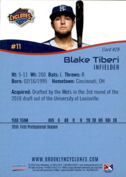 2016 Choice Brooklyn Cyclones #28 Blake Tiberi Back