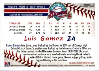 2016 Grandstand Danville Braves #11 Luis Gamez Back