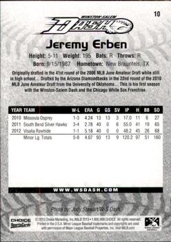 2013 Choice Winston-Salem Dash #10 Jeremy Erben Back