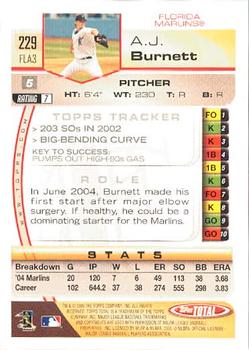2005 Topps Total #229 A.J. Burnett Back
