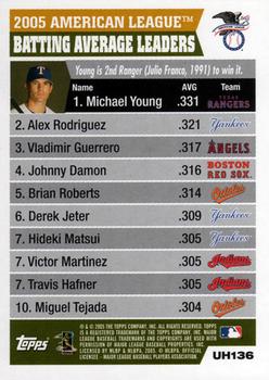 2005 Topps Updates & Highlights #UH136 2005 American League Batting Average Leaders (Michael Young / Alex Rodriguez / Vladimir Guerrero) Back