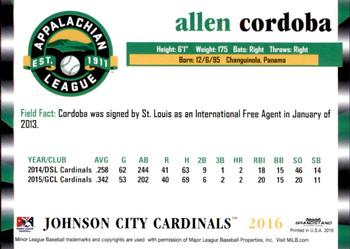 2016 Grandstand Appalachian League Top Prospects #4 Allen Cordoba Back