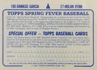 1987 Topps Stickers Hard Back Test Issue #27 / 188 Nolan Ryan / Damaso Garcia Back