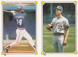 1987 Topps Stickers Hard Back Test Issue #39 / 201 Andres Thomas / Dan Plesac Front