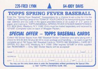 1987 Topps Stickers Hard Back Test Issue #64 / 226 Jody Davis / Fred Lynn Back