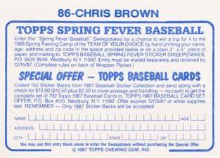 1987 Topps Stickers Hard Back Test Issue #86 Chris Brown Back
