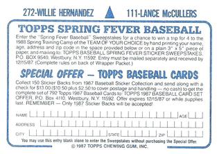 1987 Topps Stickers Hard Back Test Issue #111 / 272 Lance McCullers / Willie Hernandez Back