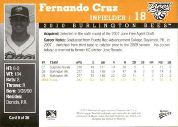 2010 MultiAd Burlington Bees #9 Fernando Cruz Back