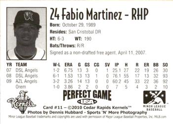 2010 Perfect Game Cedar Rapids Kernels #11 Fabio Martinez Back