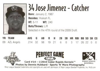 2010 Perfect Game Cedar Rapids Kernels #14 Jose Jimenez Back