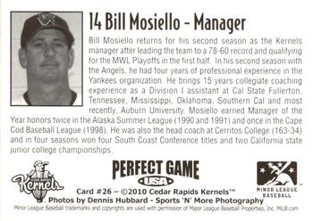2010 Perfect Game Cedar Rapids Kernels #26 Bill Mosiello Back