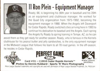 2010 Perfect Game Cedar Rapids Kernels #31 Ron Plein Back