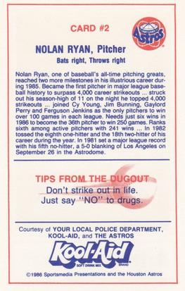 1986 Kool-Aid Houston Astros #2 Nolan Ryan Back