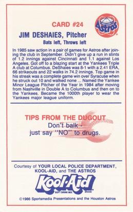 1986 Kool-Aid Houston Astros #24 Jim Deshaies Back
