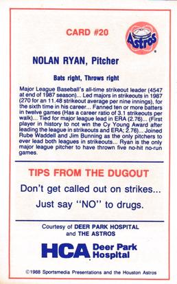 1988 Houston Astros Police #20 Nolan Ryan Back
