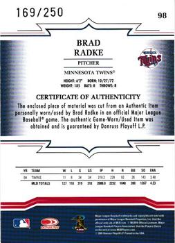 2005 Donruss Throwback Threads - Material Jersey #98 Brad Radke Back