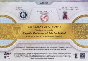 2018 Topps Triple Threads - Autograph Relic Combos Ruby #ARC-HIS Ichiro / Hideki Matsui / Shohei Ohtani Back