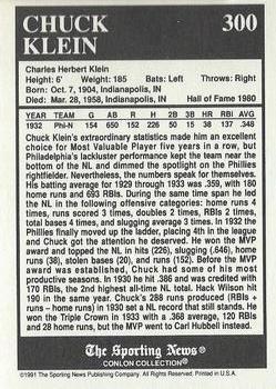 1991 Conlon Collection TSN - No MLB Logo #300 Chuck Klein Back
