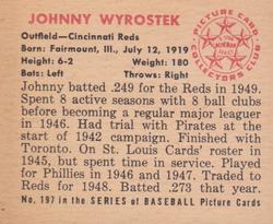 1950 Bowman #197 Johnny Wyrostek Back