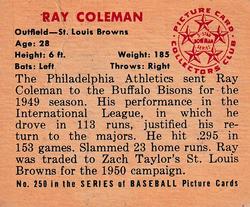 1950 Bowman #250 Ray Coleman Back