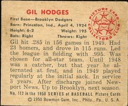 1950 Bowman #112 Gil Hodges Back