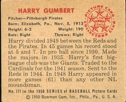 1950 Bowman #171 Harry Gumbert Back