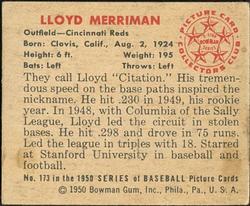 1950 Bowman #173 Lloyd Merriman Back
