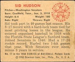 1950 Bowman #17 Sid Hudson Back