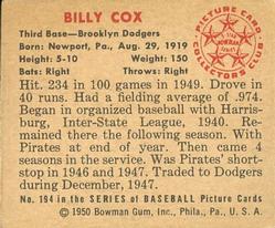 1950 Bowman #194 Billy Cox Back