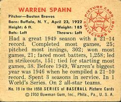 1950 Bowman #19 Warren Spahn Back