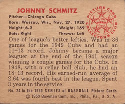 1950 Bowman #24 Johnny Schmitz Back