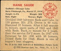 1950 Bowman #25 Hank Sauer Back