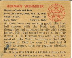 1950 Bowman #27 Herman Wehmeier Back