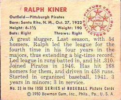 1950 Bowman #33 Ralph Kiner Back