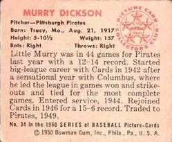 1950 Bowman #34 Murry Dickson Back