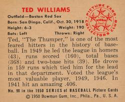 1950 Bowman #98 Ted Williams Back