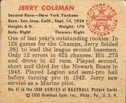 1950 Bowman #47 Jerry Coleman Back