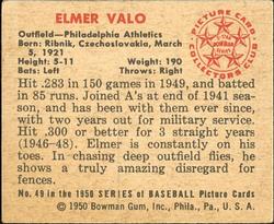 1950 Bowman #49 Elmer Valo Back