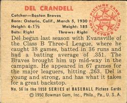 1950 Bowman #56 Del Crandall Back